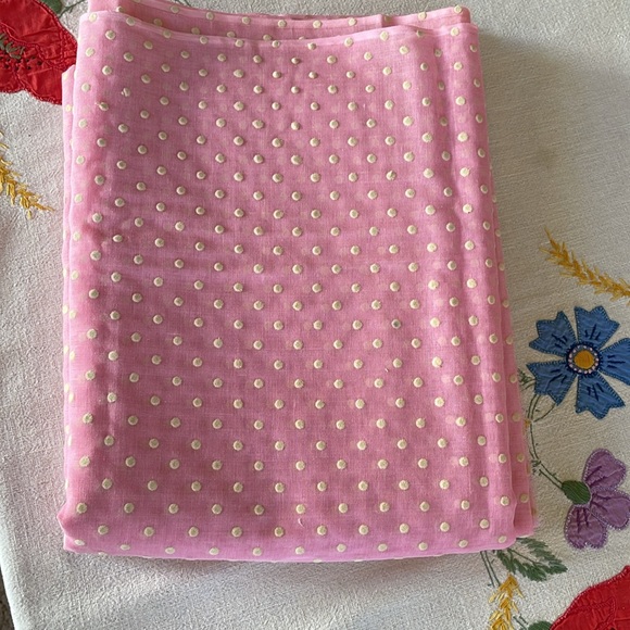 Vintage fabric, cream flocked polka dot, dusty pink semi sheer organdy, 48"x60" - Picture 1 of 8